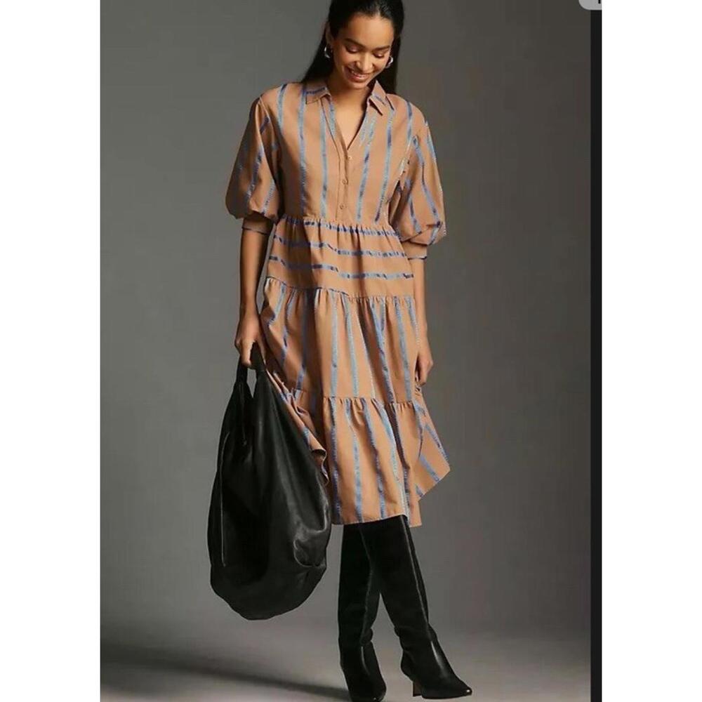 Striped Tiered Shirt Dress in Camel and Blue